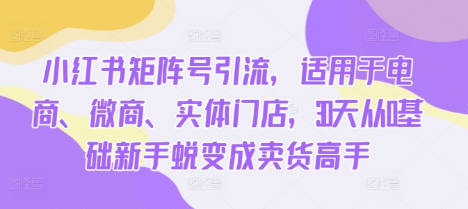 小红书矩阵号引流，适用于电商、微商、实体门店，30天从0基础新手蜕变成卖货高手-我爱找机会 - 学习赚钱技能, 掌握各行业视频教程