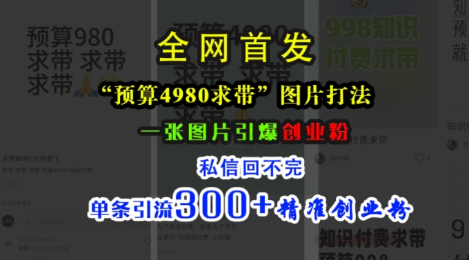 小红书“预算4980带我飞”图片打法，一张图片引爆创业粉，私信回不完，单条引流300+精准创业粉-我爱找机会 - 学习赚钱技能, 掌握各行业视频教程